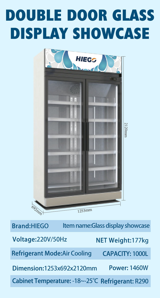 Air Cooling Double Glass Door Display Chiller 980L R290 Single Temperature 8